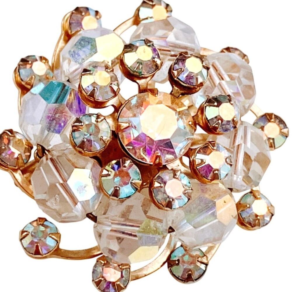 VTG Mid Century AB Rhinestone Brooch Crystal Cluster Gold Tone Cocktail Jewelry